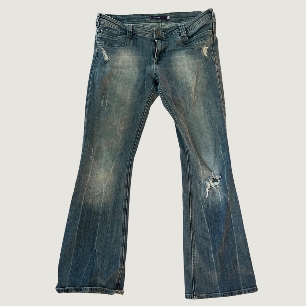 Vigoss Bootcut Jeans Medium Wash Distressed Embellished Low Rise -11